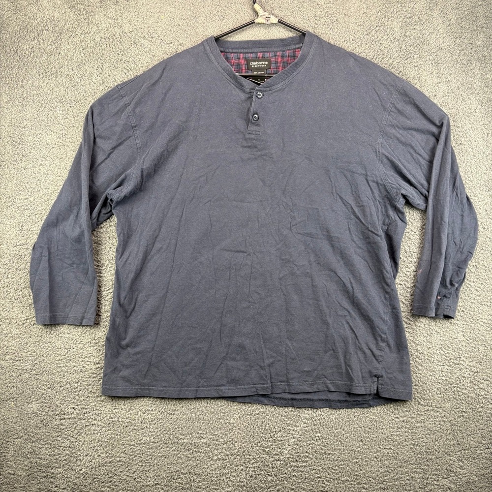 Claiborne Sleepwear‎ Mens XL Long Sleeve Henley Shirt 100% Cotton Blue Plaid